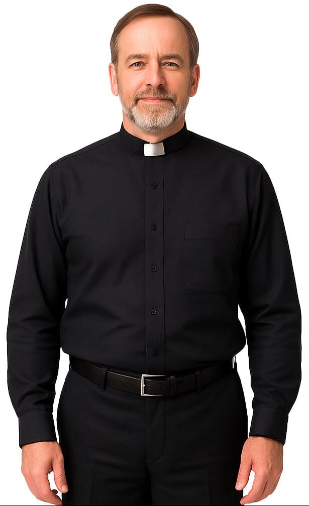 Man wearing a black clerical shirt with a white collar on a white background