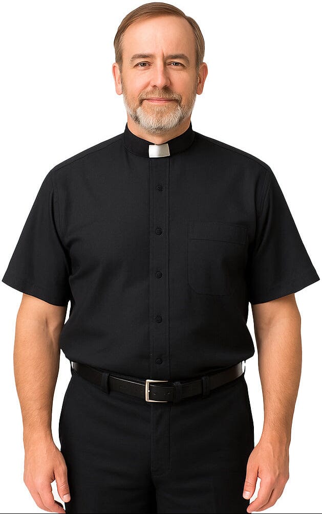 Man wearing a black clerical shirt with a white collar on a white background